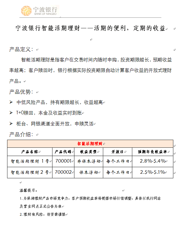 宁波银行宁海支行智能活期理财